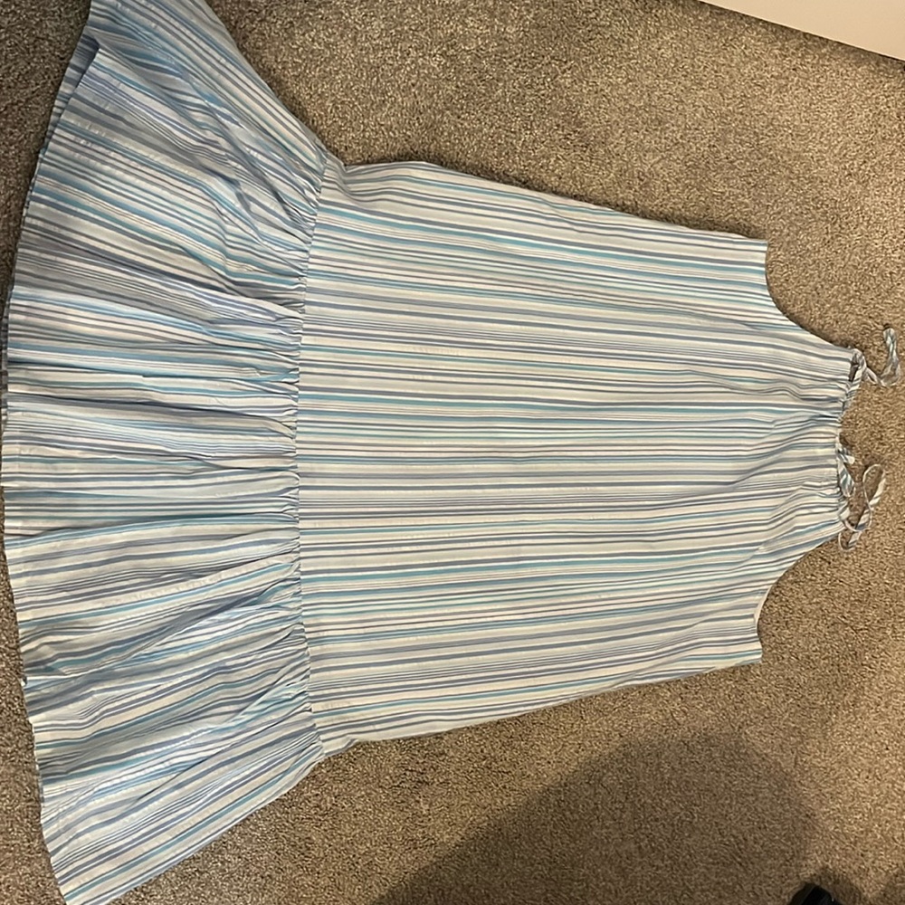 Light Blue Striped Mini Dress - Sleeveless Ruffle Hem